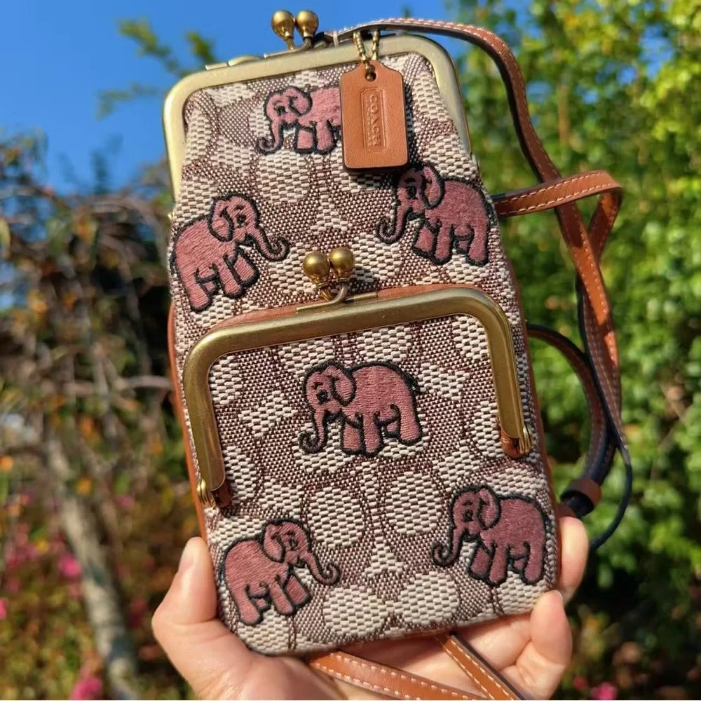 NWOT Coach Double Frame Crossbody 12 In Signature Textile Jacquard With Elephant
